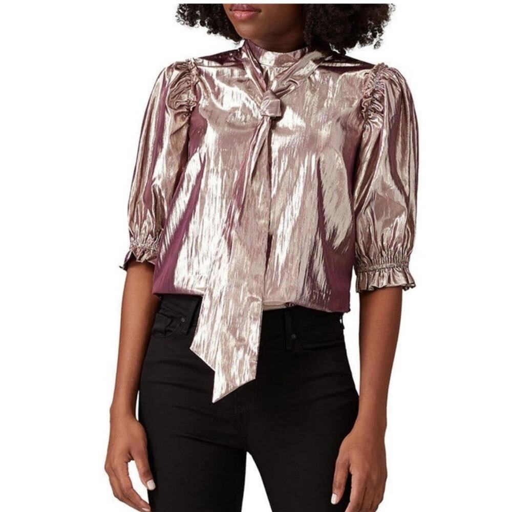 Allen Schwartz Purple Metallic Blouse Bow Front Size Large
